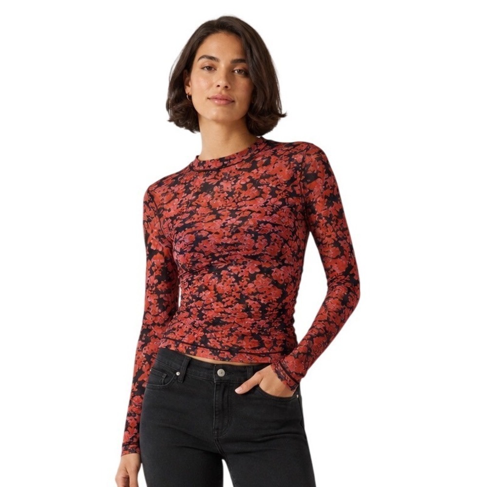 Free People Intimately Floral Mesh Top XS/S Red Black Y2K 90s Fitted Sheer